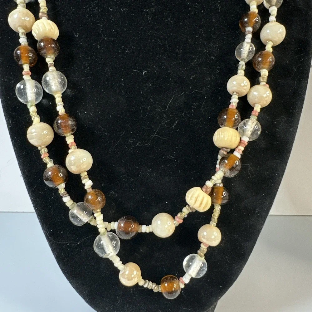 Vintage Boho Statement Necklace 42 Inch Over Head Carved Wood Bead Artisan